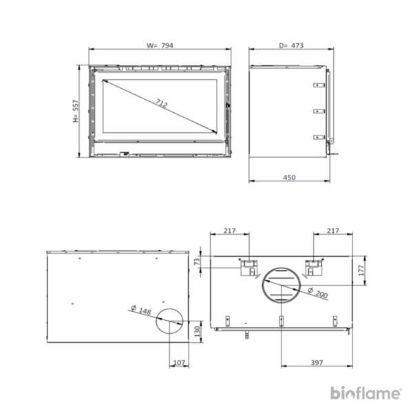 Desenho técnico detalhado do Recuperador de Calor a Lenha - Solzaima Rialto Eco 80 para especificações de instalação.