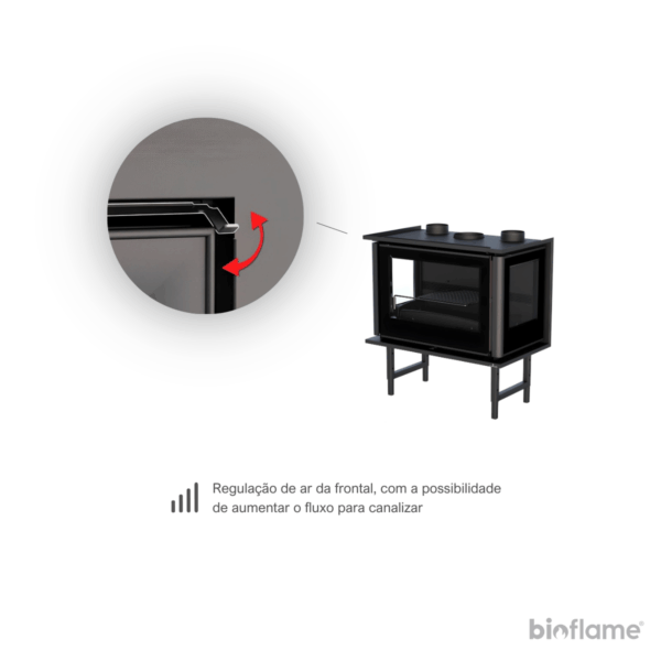 A regulação de ar frontal do Recuperador de Calor a Lenha Paris 70 3C permite controlar o fluxo de ar para canalização, distribuindo o calor de forma mais eficiente pela casa. Aproveite o conforto térmico e a praticidade deste recurso enquanto desfruta do calor do seu recuperador.