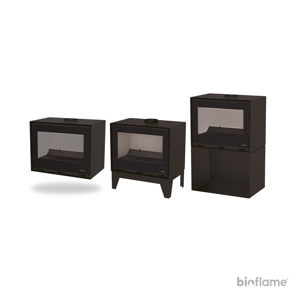 Salamandra a Lenha - Bronpi Cairo 70 Box com 4 opções de instalação (suspensa, base com pés, base lenheiro, pousada)