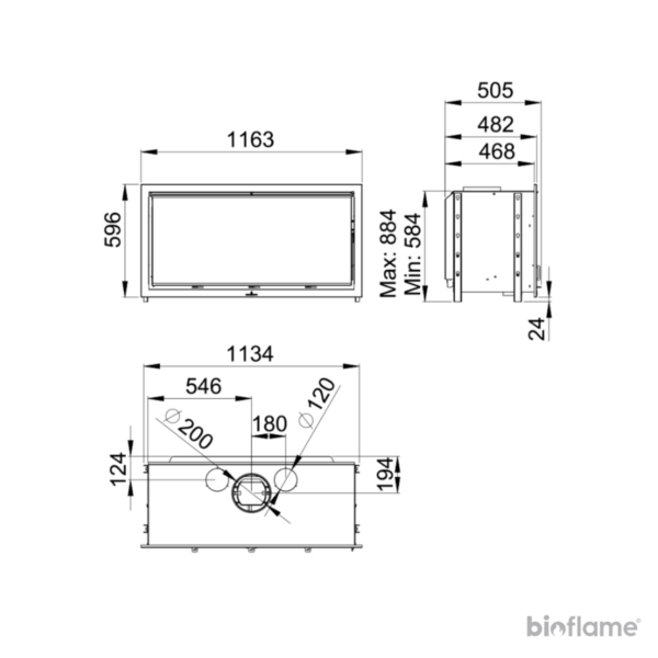 Desenho técnico do Recuperador de Calor Bronpi Cairo 110 mostrando todas as dimensões