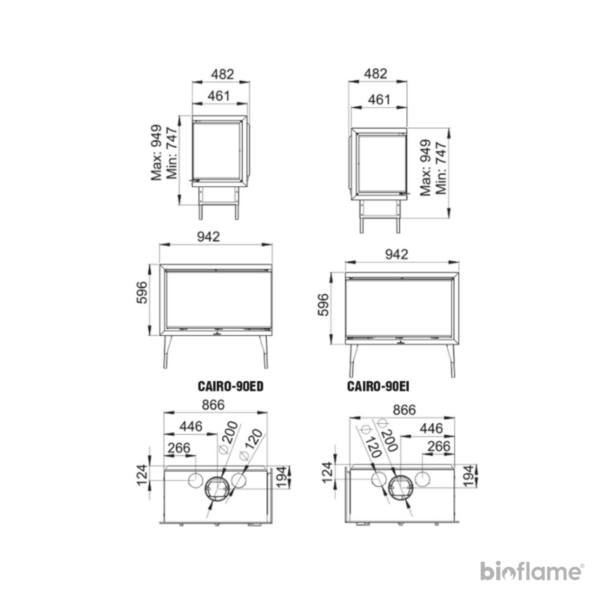 Desenho técnico do Recuperador de Calor a Lenha Bronpi Cairo 90 Lateral, mostrando todas as dimensões e especificações importantes para instalação e utilização. Um guia detalhado para os consumidores interessados.