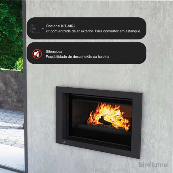 Recuperador de Calor a Lenha Bronpi Paris 90 G em uma vista detalhada, mostrando seu desempenho eficiente e sua opção de KIT-AIR2 opcional com entrada de ar exterior e possibilidade de desconexão da turbina para um funcionamento silencioso.