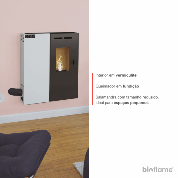 Queimador em ferro fundido da Salamandra a Pellets - Biobronpi Minerva Slim, ideal para espaços pequenos.
