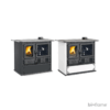 Fogão a Lenha – Nordica Extraflame Rosa 5.0 – Steel nas cores Preto Antracita e Branco Pontilhado lado a lado com fundo branco