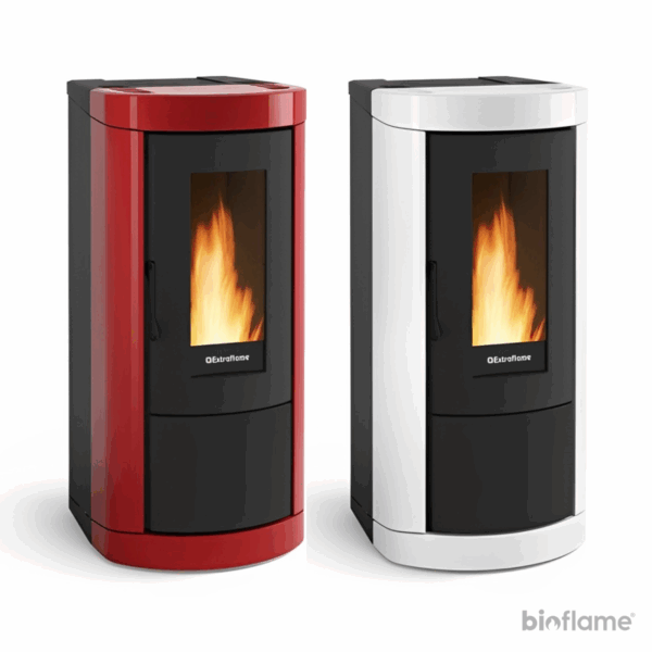 Salamandra a Pellets com Ventilação Nordica Extraflame Mietta Evo branca e vermelha vista na diagonal