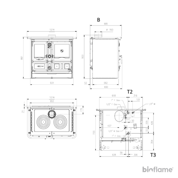 Desenho Técnico do Fogão a Lenha Nordica Extraflame Termorosa XXL