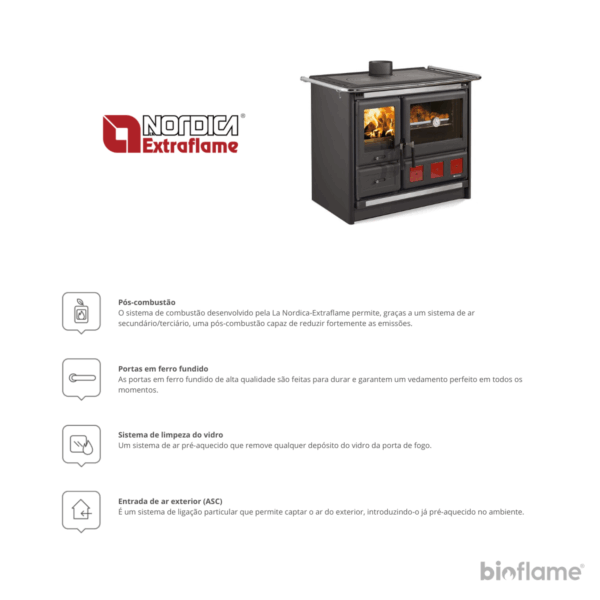 Tecnologias avançadas do Fogão a Lenha em Ferro Fundido - Nordica Extraflame Rosa XXL para máxima eficiência energética e desempenho.