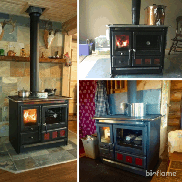 Fogão a Lenha em Ferro Fundido - Nordica Extraflame Rosa XXL a aquecer tachos, com 3 ângulos diferentes da cozinha.