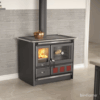 Fogão a Lenha em Ferro Fundido - Nordica Extraflame Rosa XXL instalado em cozinha moderna, vista lateral esquerda.