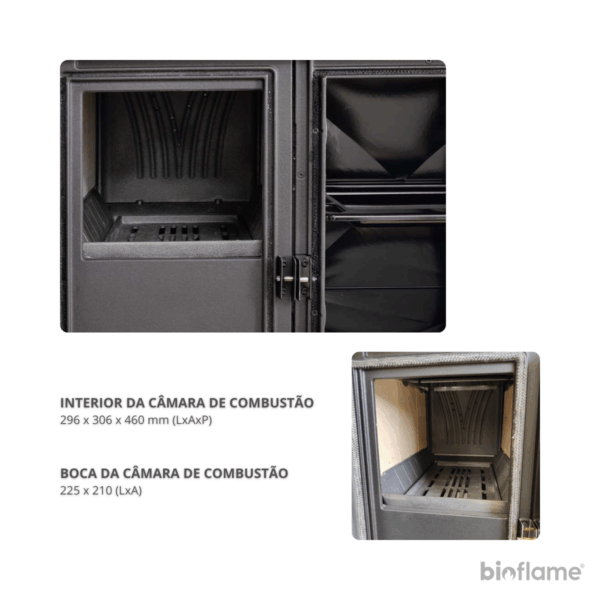 Câmara de combustão do Fogão a Lenha em Ferro Fundido - Nordica Extraflame Rosa XXL, com material refratário de alta qualidade.