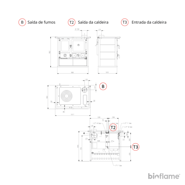 Desenho técnico do Fogão a Lenha para Aquecimento Central - Nordica Extraflame Termorosa Dsa.
