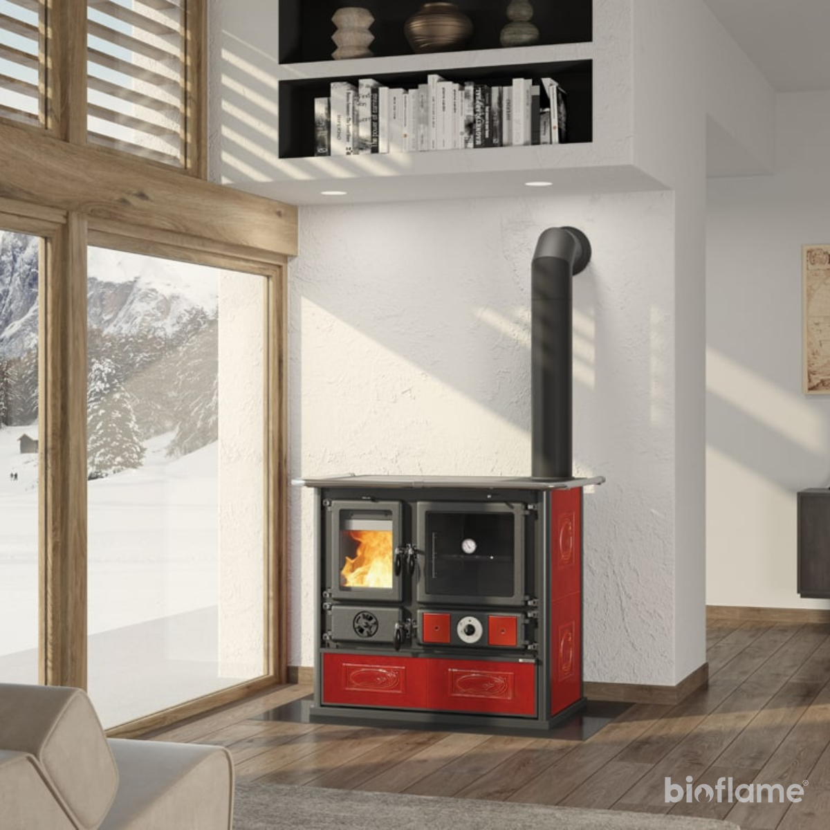 Fogão a Lenha para Aquecimento Central - Nordica Extraflame Termorosa Dsa vermelho instalado em cozinha moderna.