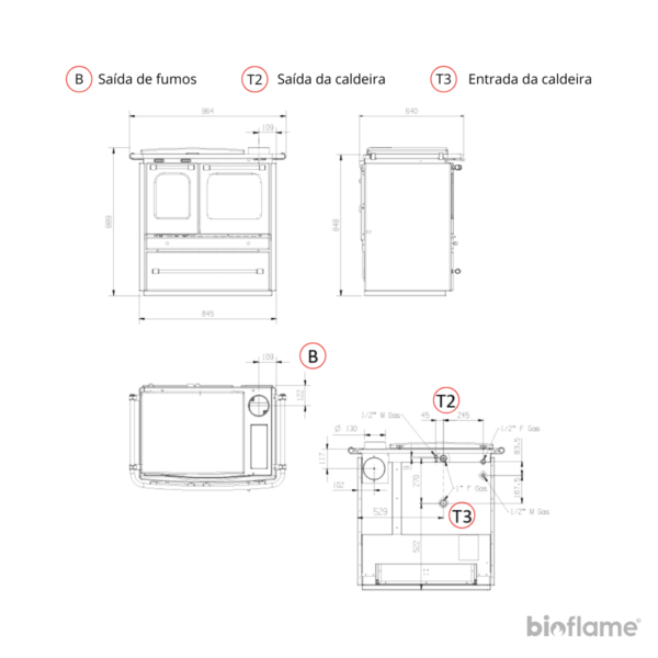 Desenho técnico do Fogão a Lenha para Aquecimento Central - Nordica Extraflame Termosovrana Dsa com dimensões e especificações