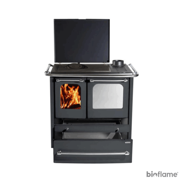 Fogão a Lenha para Aquecimento Central - Nordica Extraflame Termosovrana Dsa com tampo levantado e gaveta aberta