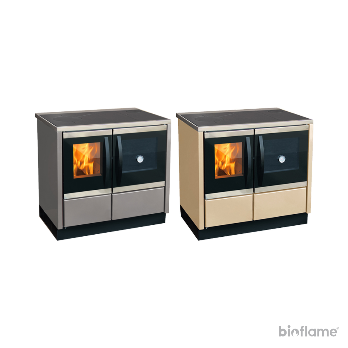 Fogão a Lenha para Aquecimento Central - Solrak Thermo Rocky disponível nas cores cinza e creme.