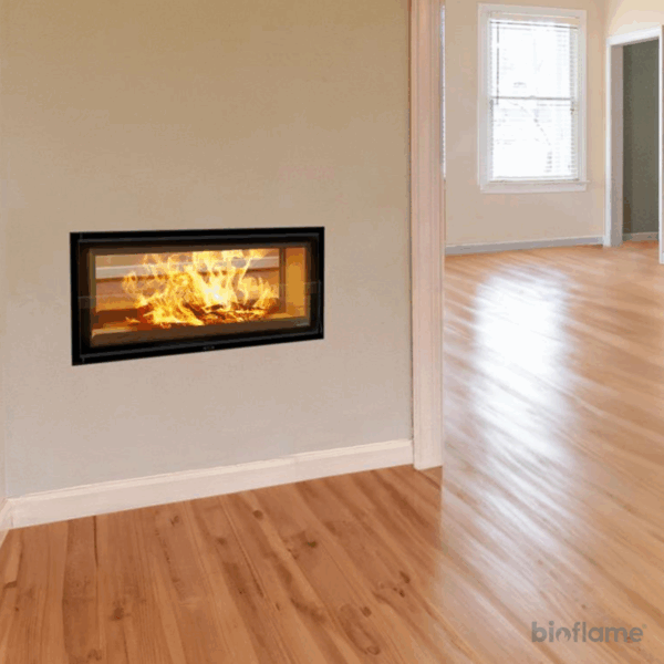 Recuperador de Calor a Lenha Canalizável Dupla Face – Solzaima Trevi Eco 850 PH instalado numa elegante sala de estar.