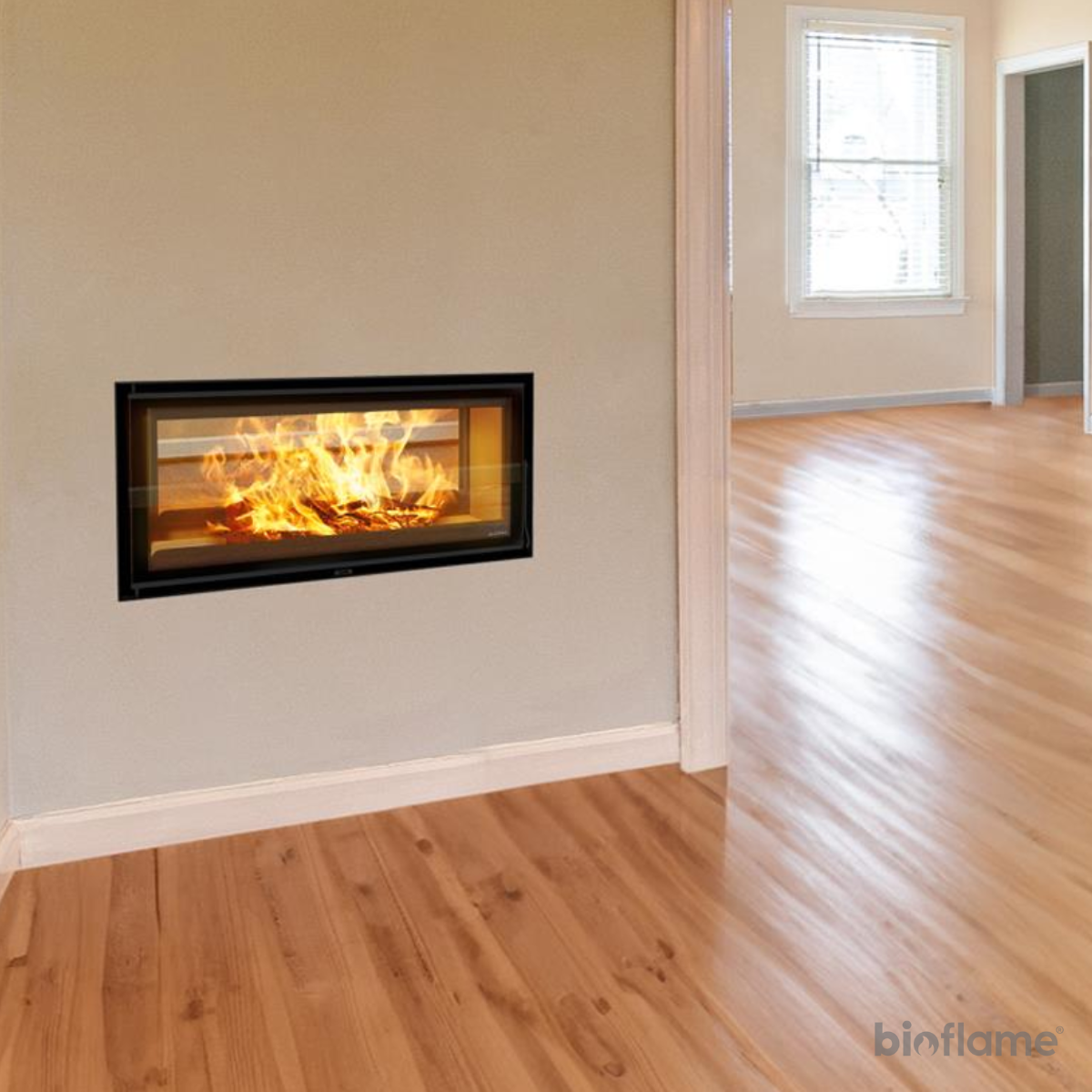 Recuperador de Calor a Lenha Canalizável Dupla Face – Solzaima Trevi Eco 850 PH instalado numa elegante sala de estar.