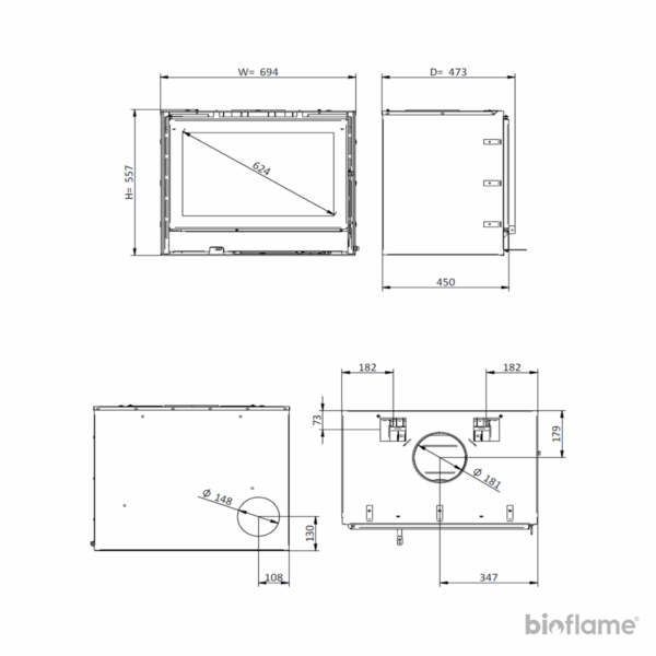 Desenho técnico do Recuperador de Calor a Lenha Canalizável e com Ventilação – Orion Eco 70