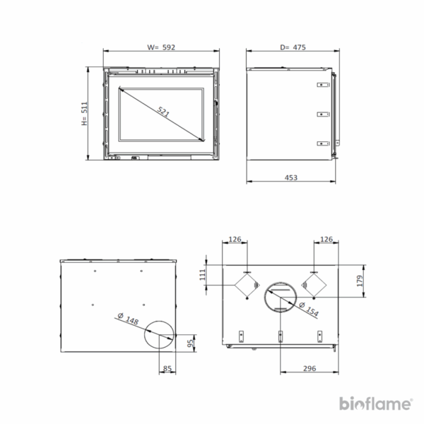 Desenho técnico e dimensões do Recuperador de Calor a Lenha Canalizável – Solzaima Urano Vitro Eco 60