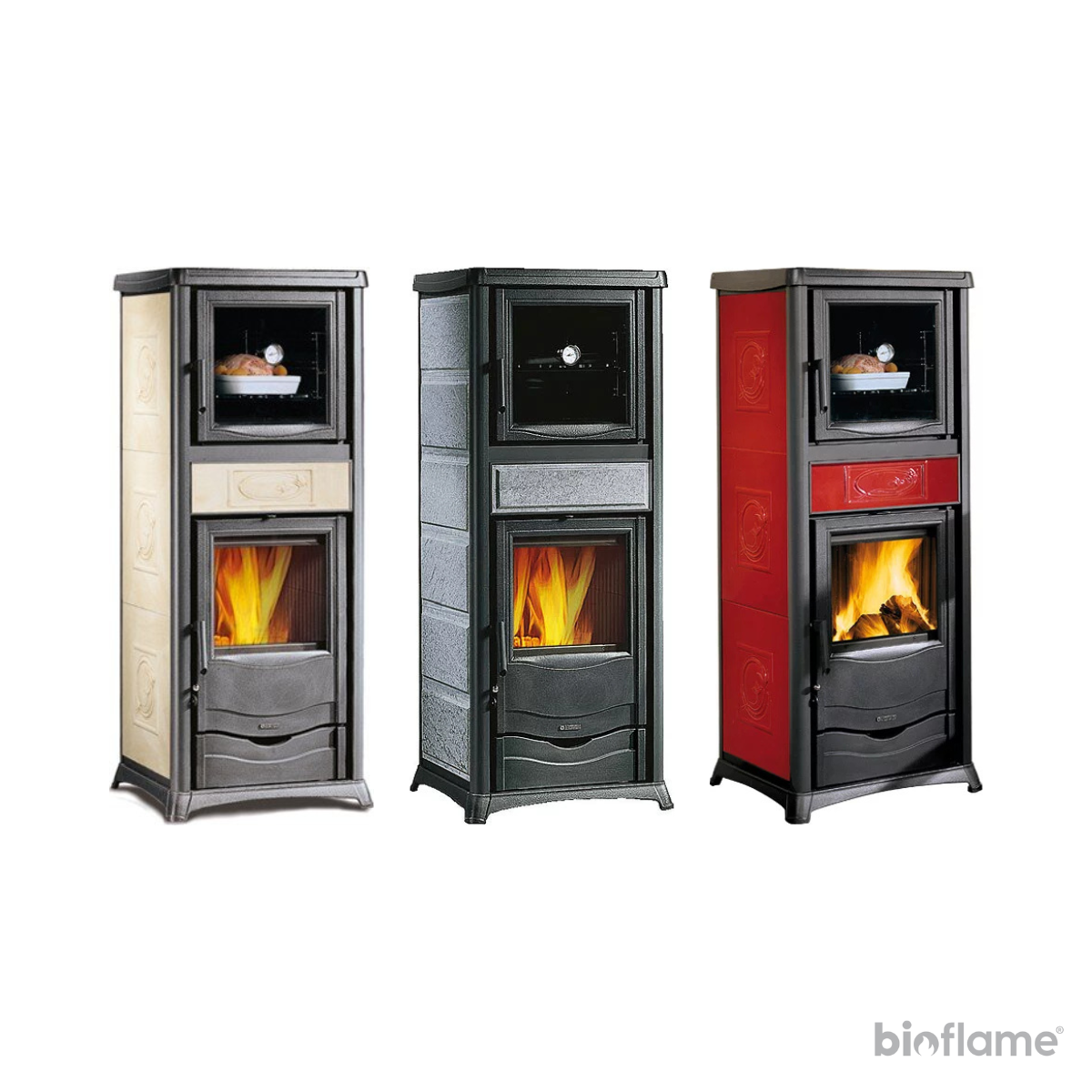 Salamandra a Lenha com Forno - Nordica Extraflame Rossella Plus Forno nas cores creme, pedra natural e bordeaux lado a lado