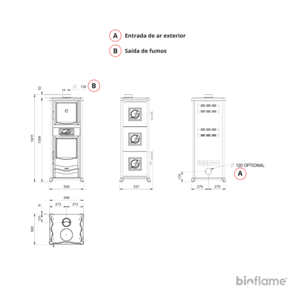 Desenho técnico com medidas da Salamandra a Lenha com Forno - Nordica Extraflame Rossella Plus Forno