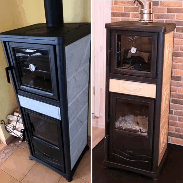 Salamandra a Lenha com Forno - Nordica Extraflame Rossella Plus Forno modelo pedra natural e creme vista diagonal