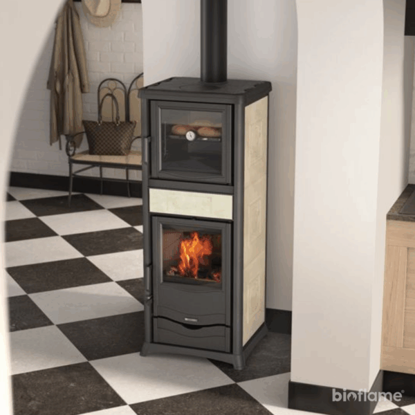Salamandra a Lenha com Forno - Nordica Extraflame Rossella Plus Forno creme vista diagonal