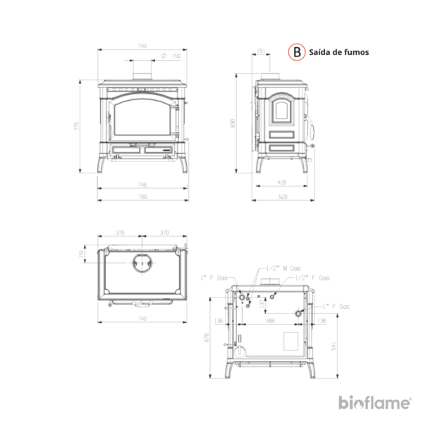 Desenho técnico da Salamandra a Lenha para Aquecimento Central em Ferro Fundido - Nordica Extraflame Termoisotta Dsa.