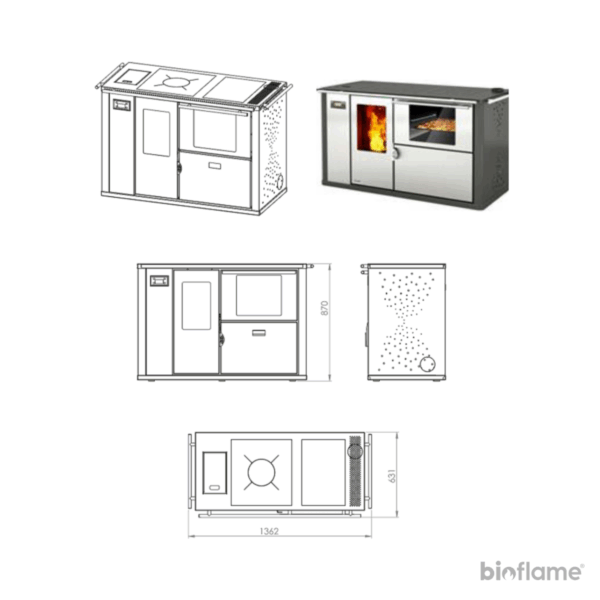 Desenho técnico do Fogão a Lenha e Pellets para Aquecimento Central - Teba Therm TPW-23 com dimensões e especificações.